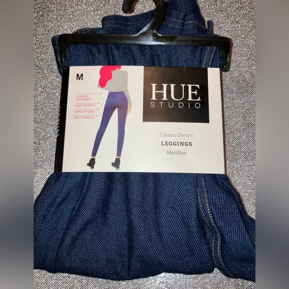 Women’s Hue Studio Classic Denim Leggings Mid Rise Knit Jean,Deep Indigo, S M - Picture 2 of 7